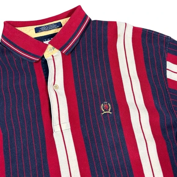 Vtg Tommy Hilfiger Adult‎ Shirt XL Red Blue White Vertical Striped Polo - Picture 2 of 8